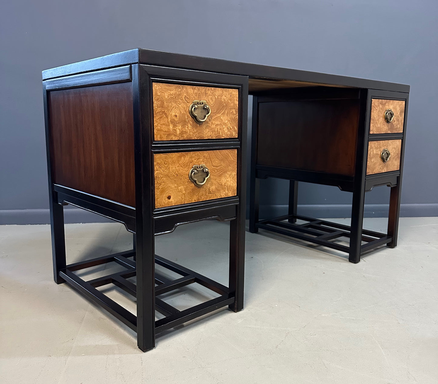 SOLD – Drexel Heritage "Tai Ming" Burl and Mahogany Desk Mid Century