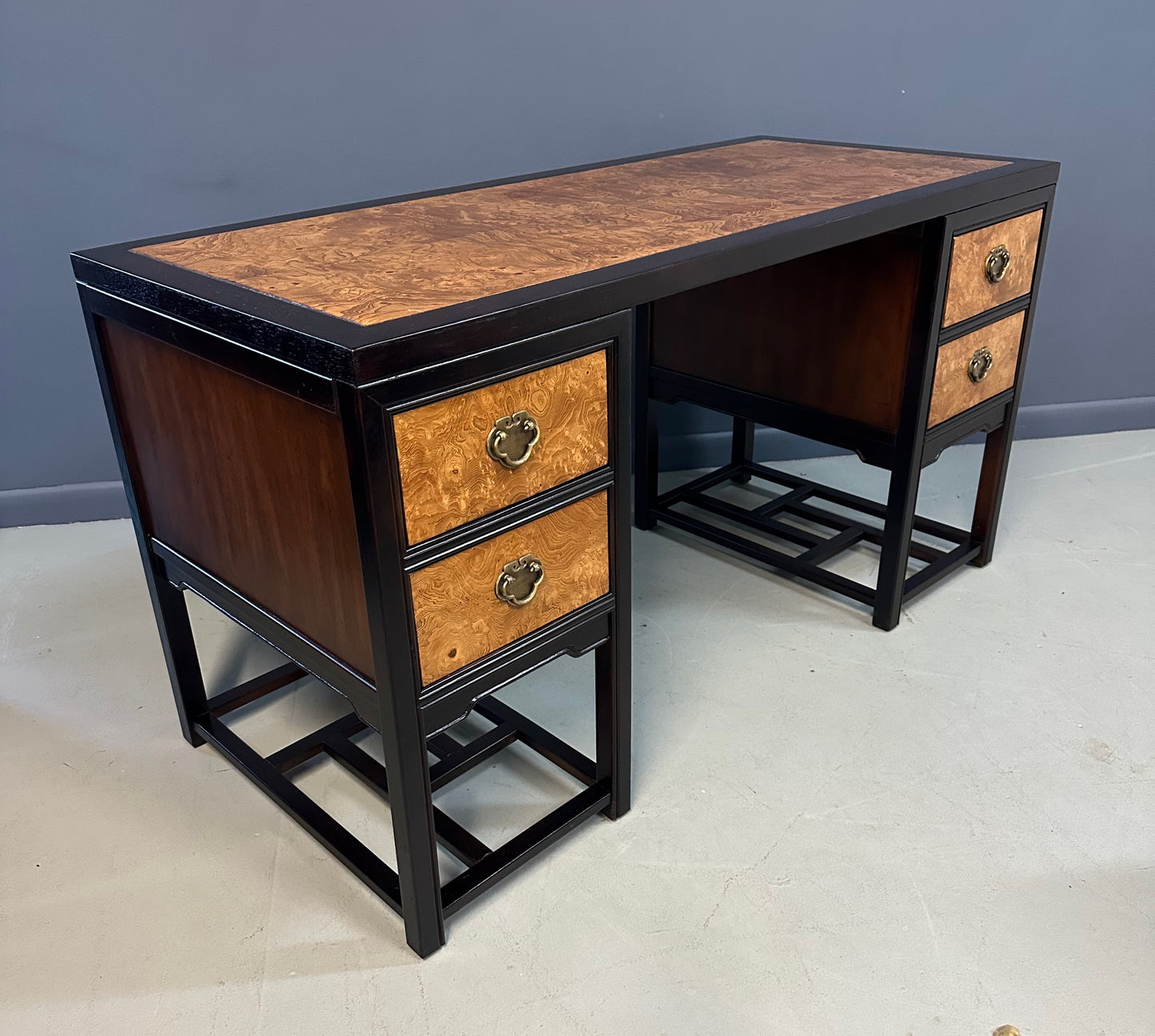 SOLD – Drexel Heritage "Tai Ming" Burl and Mahogany Desk Mid Century