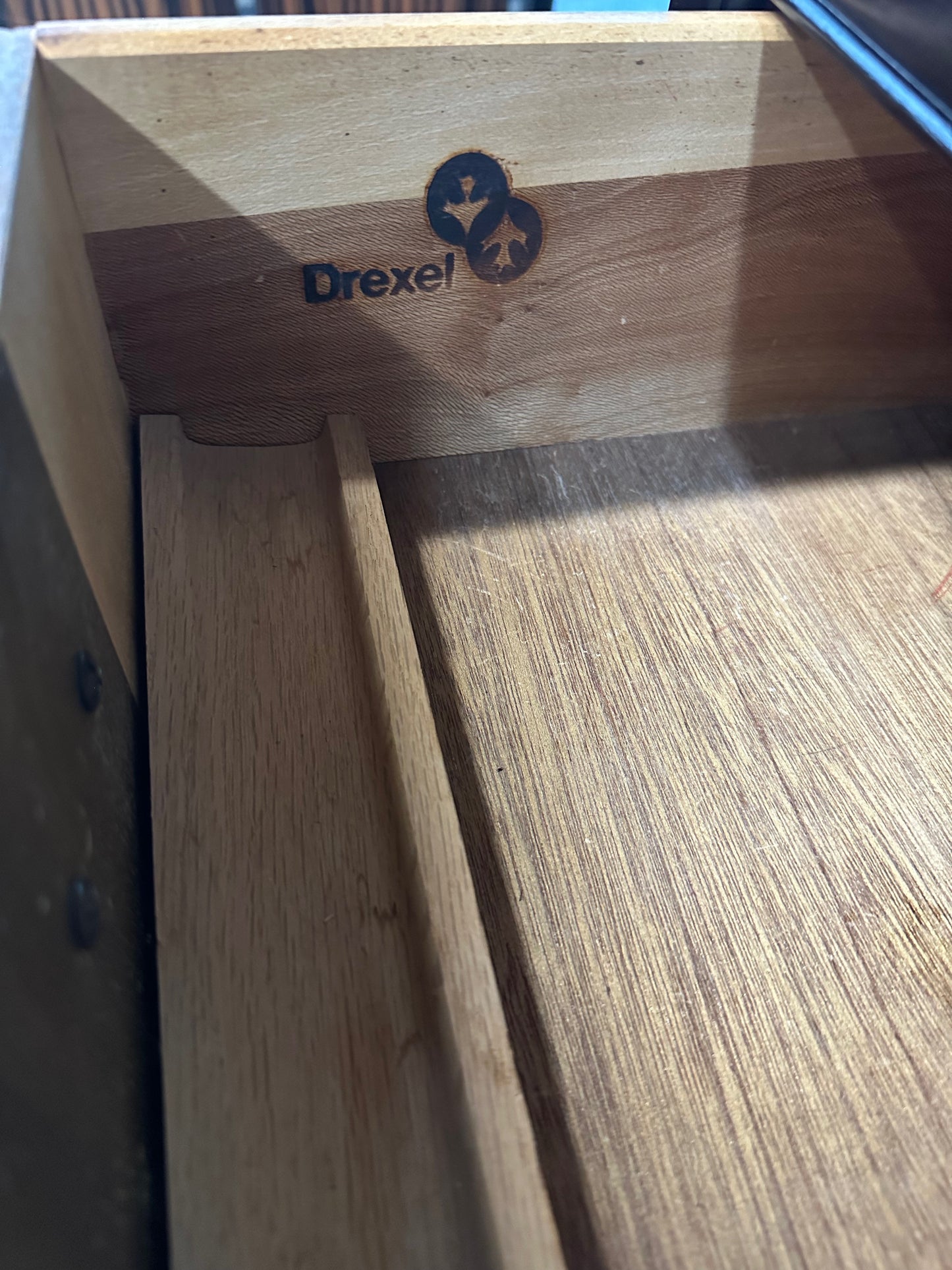 SOLD – Drexel Heritage "Tai Ming" Burl and Mahogany Desk Mid Century