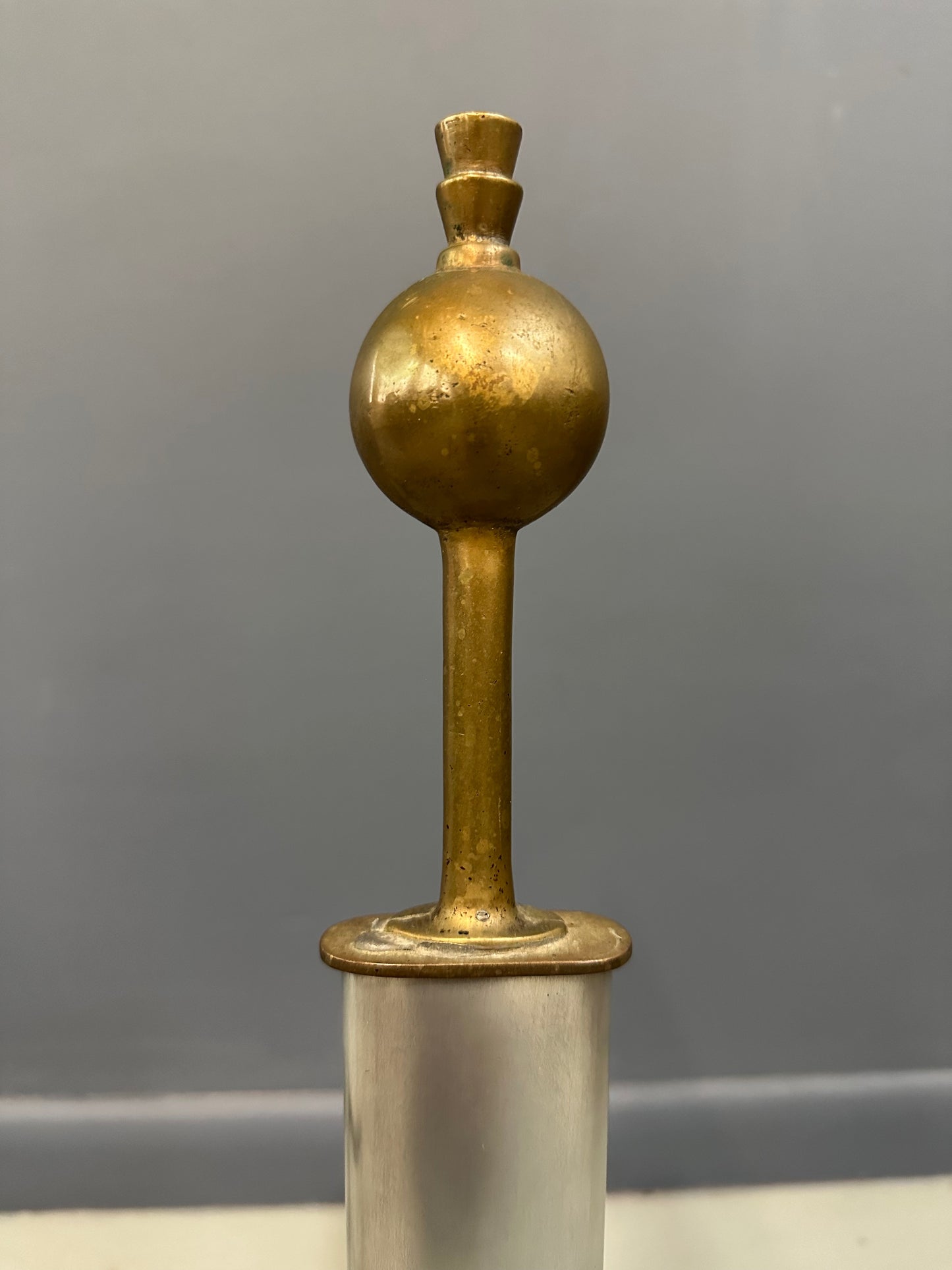 SOLD – Machine Age Polished Steel and Brass Andirons, Early-20th Century