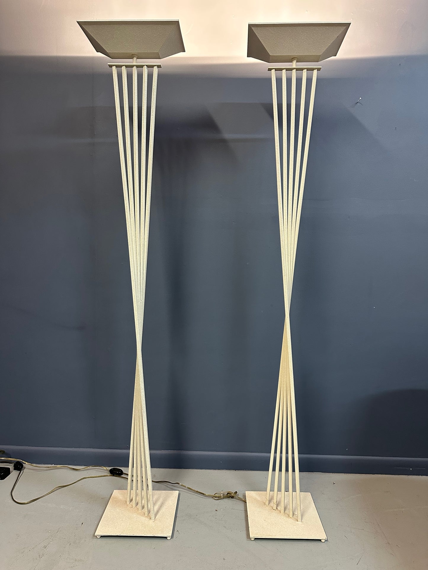 SOLD – Pair of Sculptural Postmodern Kichler Halogen Torchiere Floor Lamps, 1992