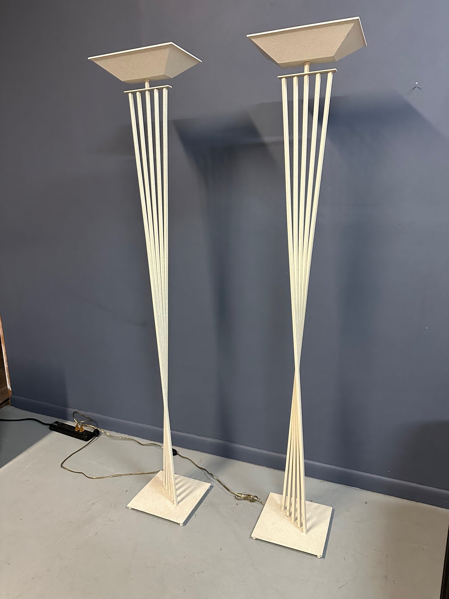 SOLD – Pair of Sculptural Postmodern Kichler Halogen Torchiere Floor Lamps, 1992