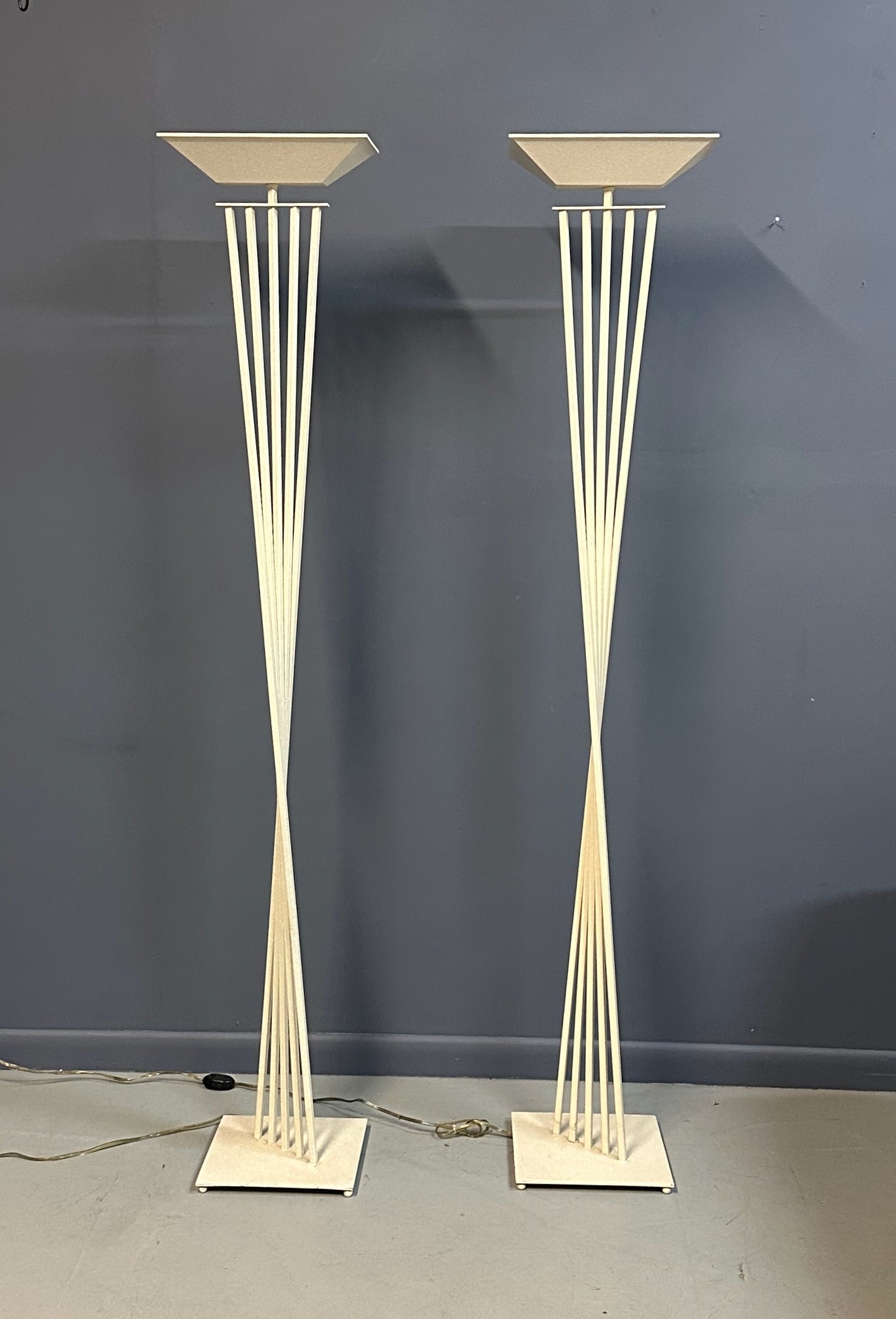 SOLD – Pair of Sculptural Postmodern Kichler Halogen Torchiere Floor Lamps, 1992