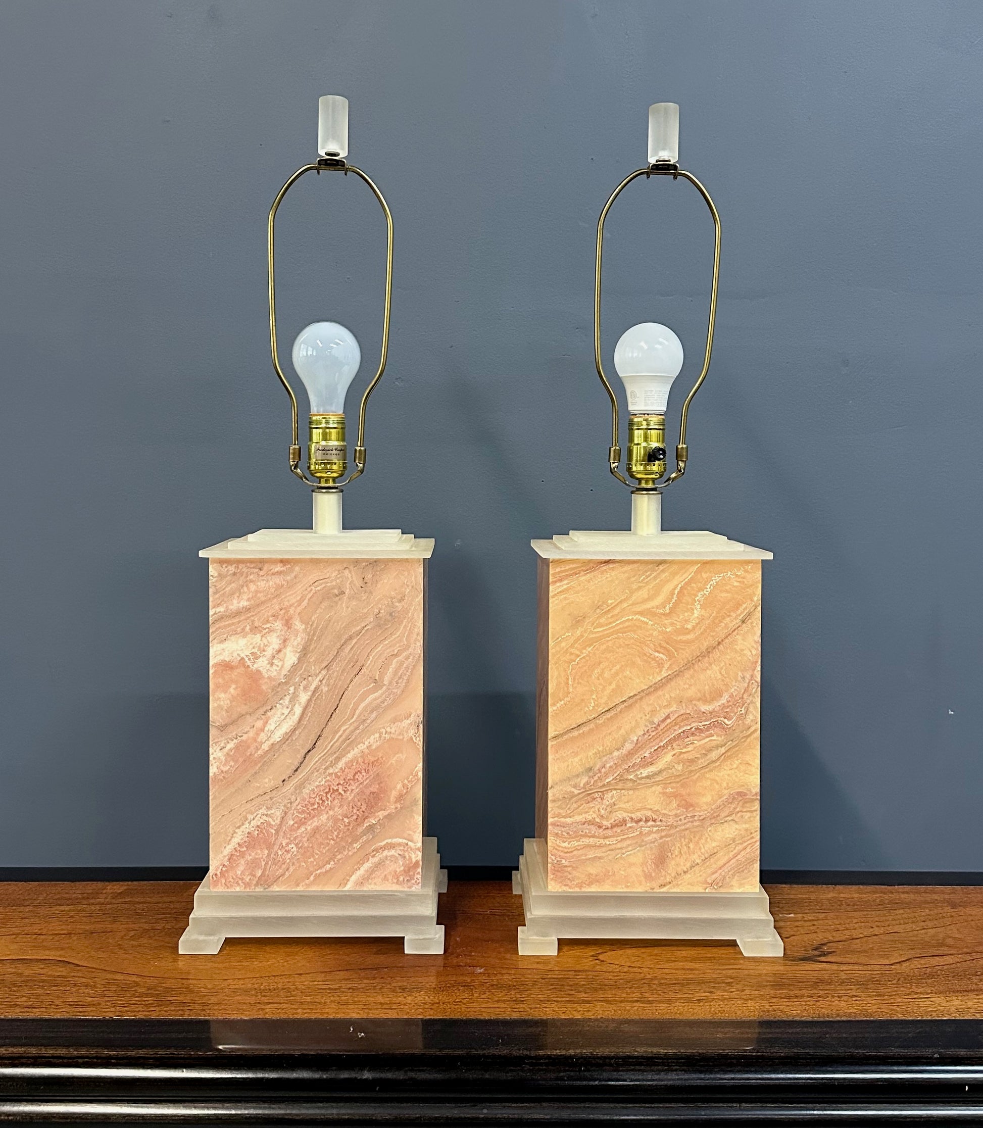 Pair of Faux Marble Table Lamps by Frederick Cooper, 1990 with Brushed Acrylic