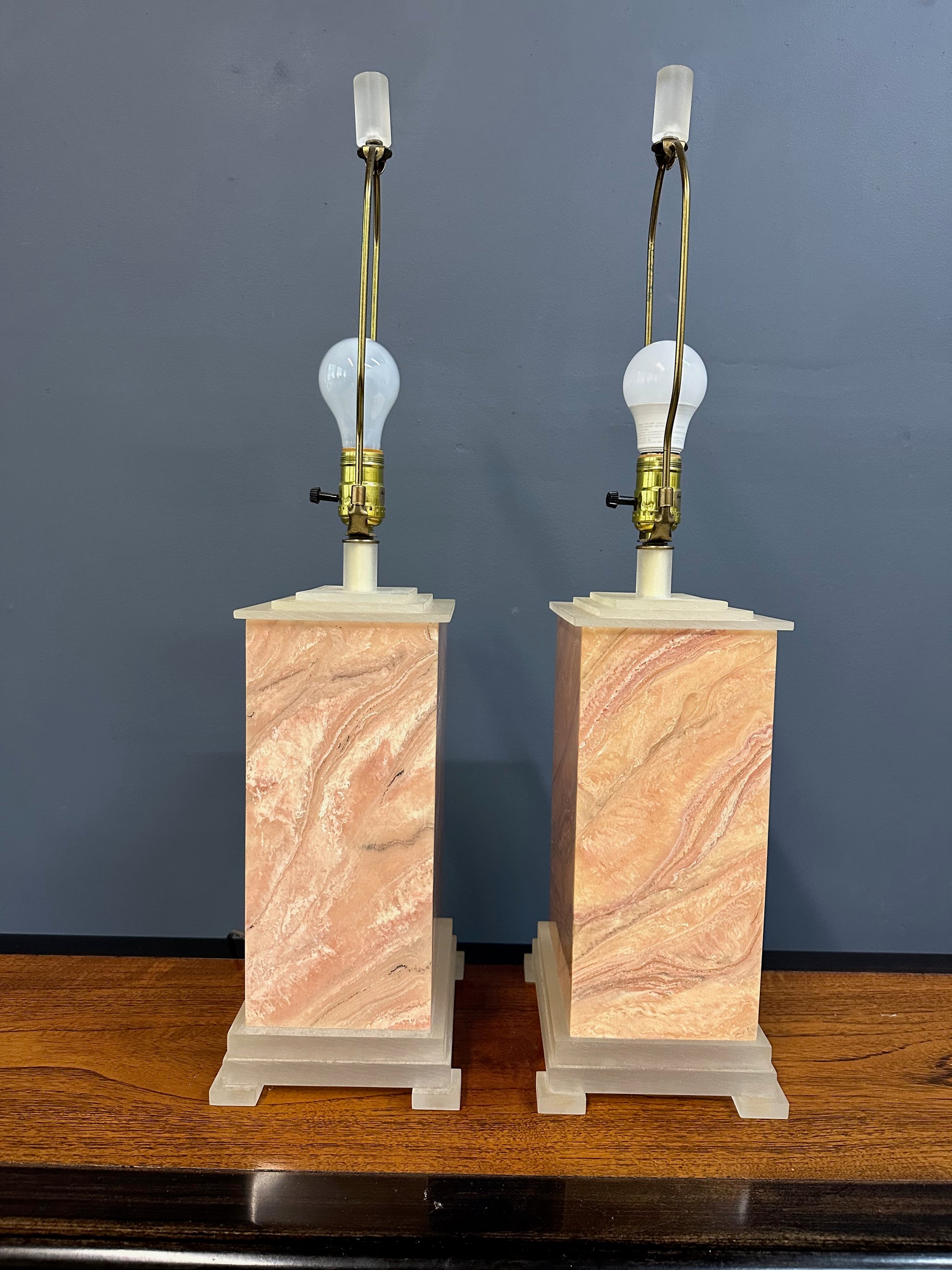 Pair of Faux Marble Table Lamps by Frederick Cooper, 1990 with Brushed Acrylic