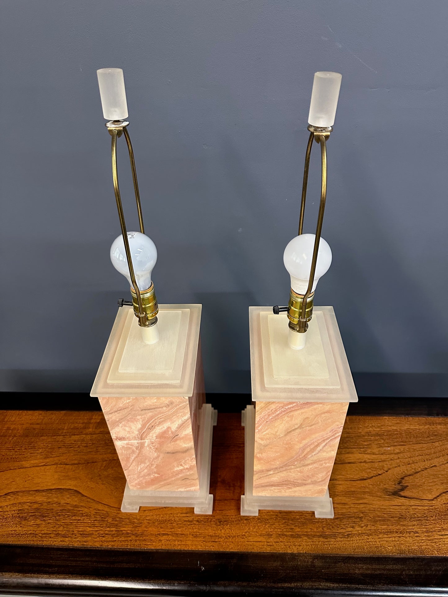 Pair of Faux Marble Table Lamps by Frederick Cooper, 1990 with Brushed Acrylic