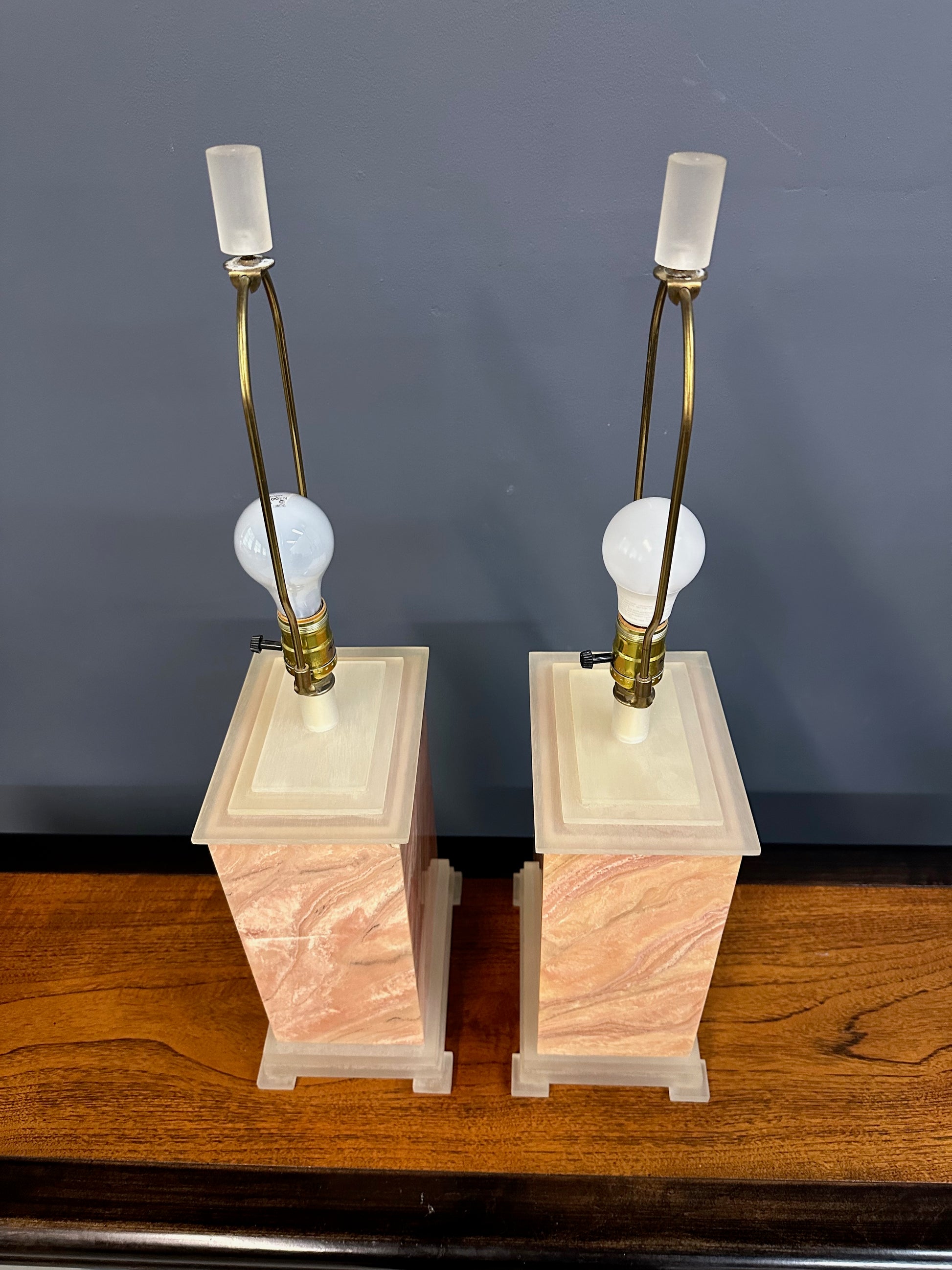 Pair of Faux Marble Table Lamps by Frederick Cooper, 1990 with Brushed Acrylic