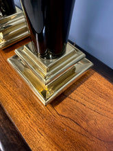 Load image into Gallery viewer, Pair of Hollywood Regency Black Ceramic Urn Lamps with Stepped Brass Bases by Chapman