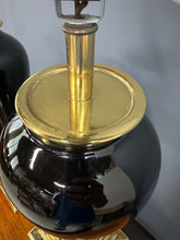 Load image into Gallery viewer, Pair of Hollywood Regency Black Ceramic Urn Lamps with Stepped Brass Bases by Chapman