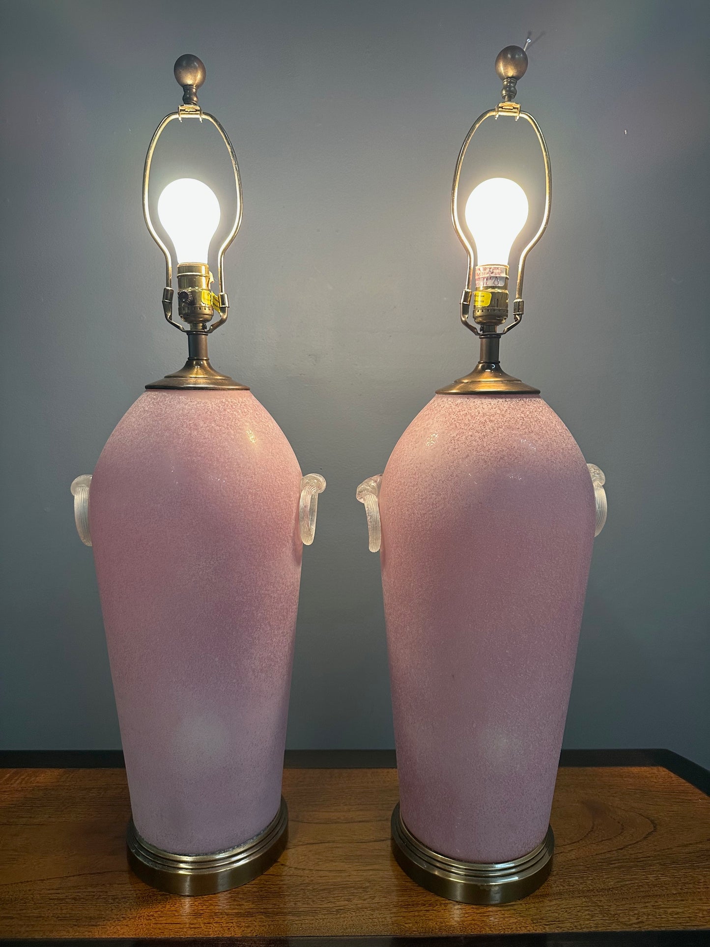 Pair of Hollywood Regency Pink Acid Etched Glass Urn Lamps by Chapman