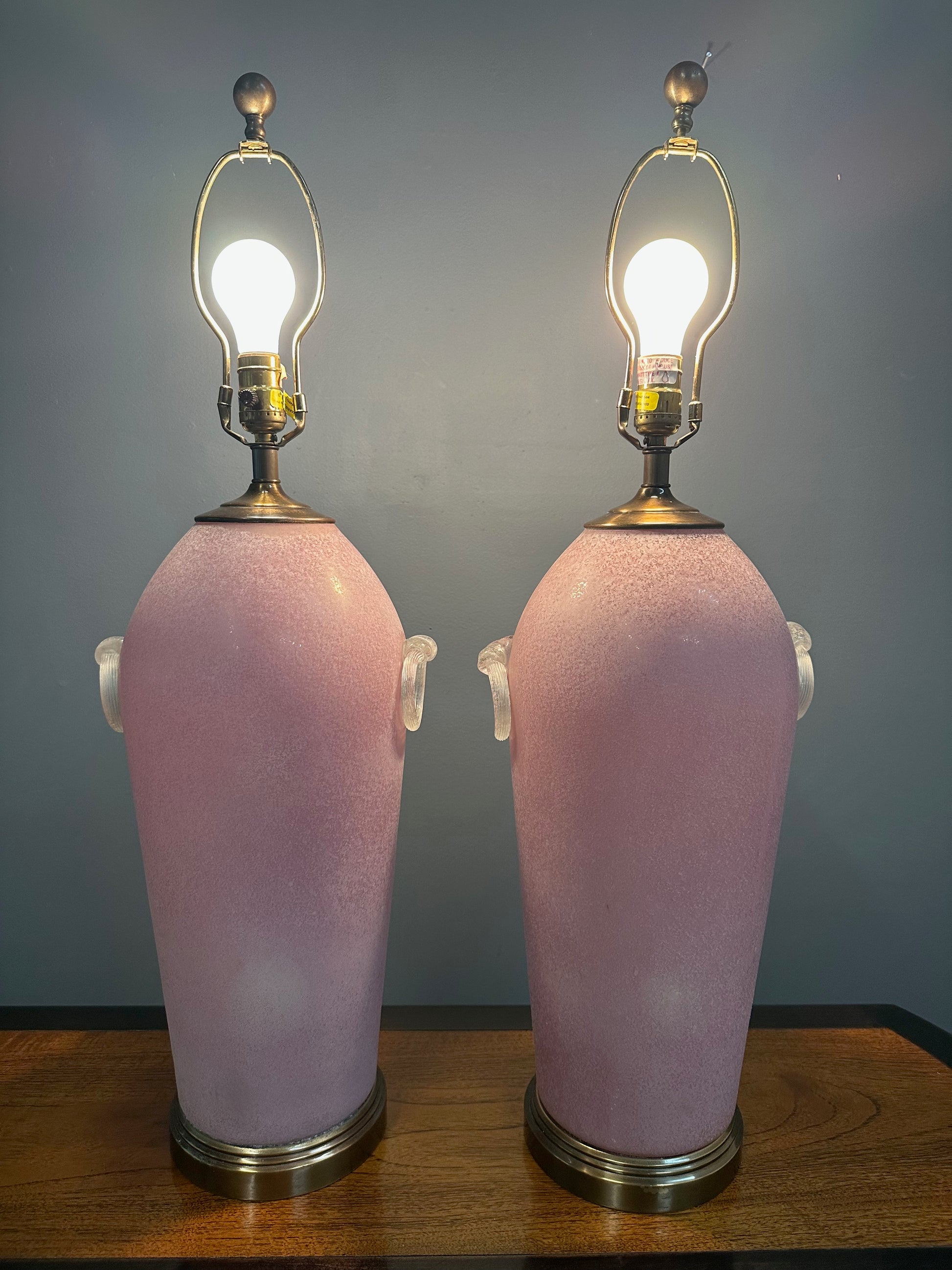 Pair of Hollywood Regency Pink Acid Etched Glass Urn Lamps by Chapman
