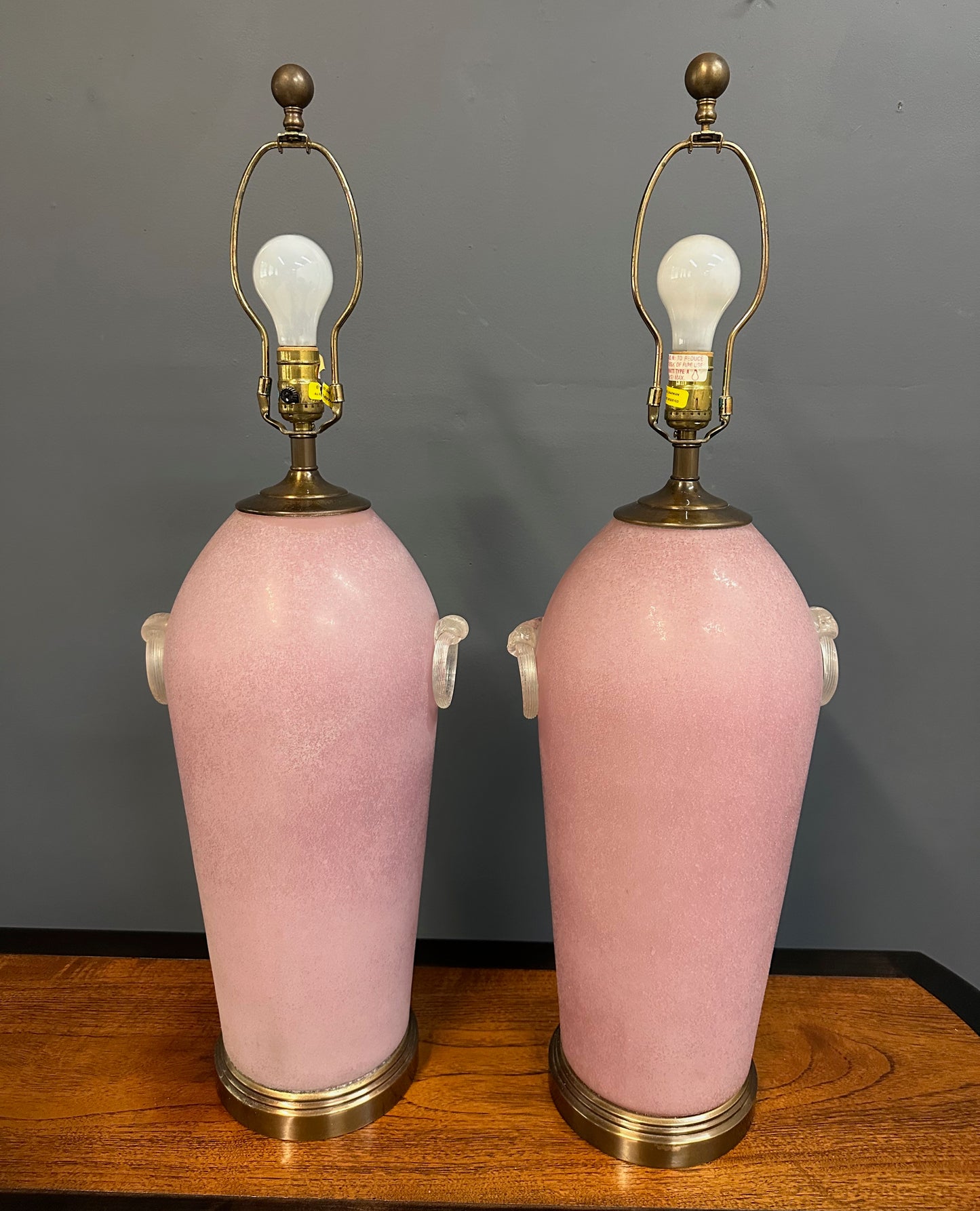 Pair of Hollywood Regency Pink Acid Etched Glass Urn Lamps by Chapman