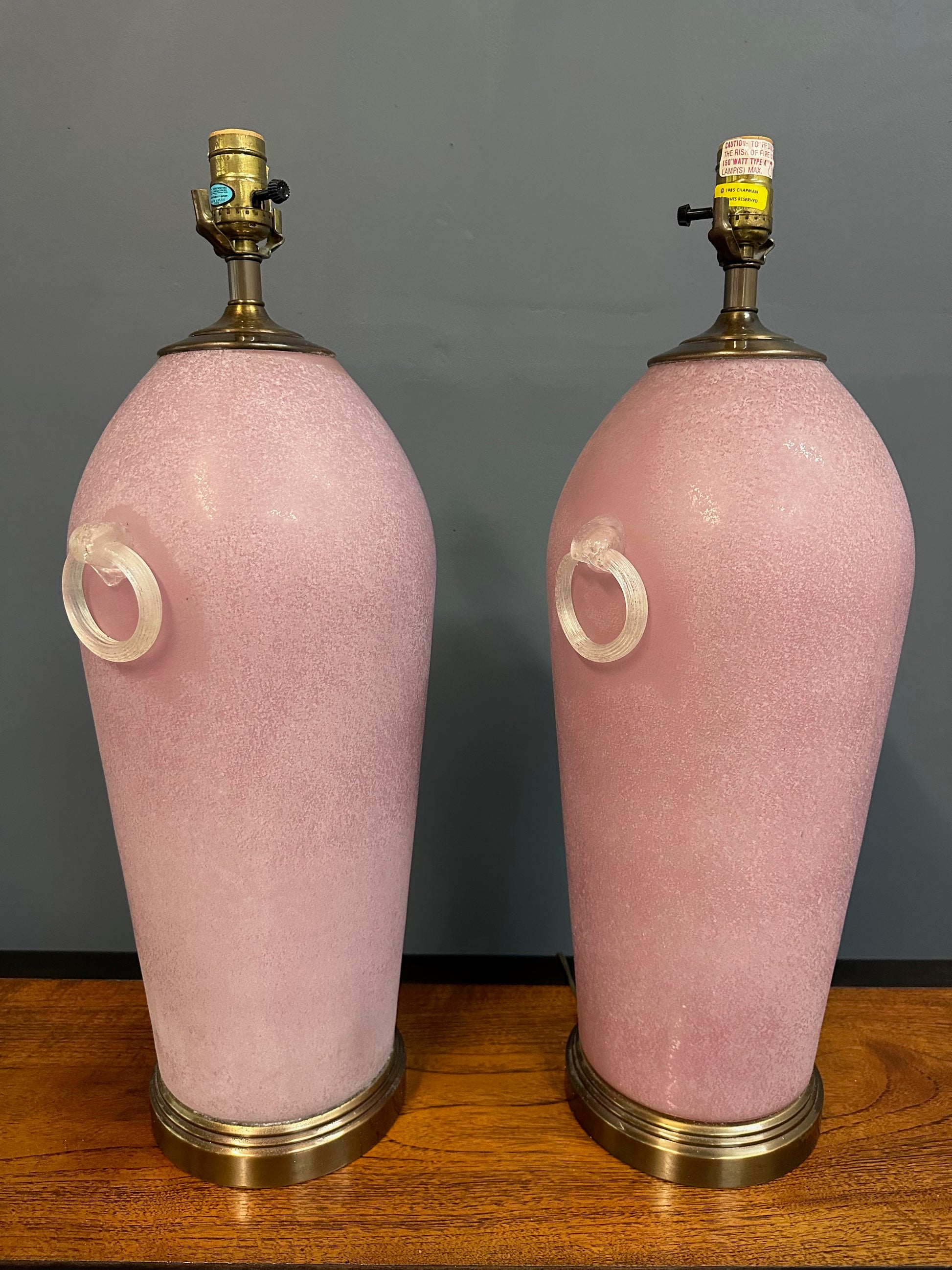 Pair of Hollywood Regency Pink Acid Etched Glass Urn Lamps by Chapman