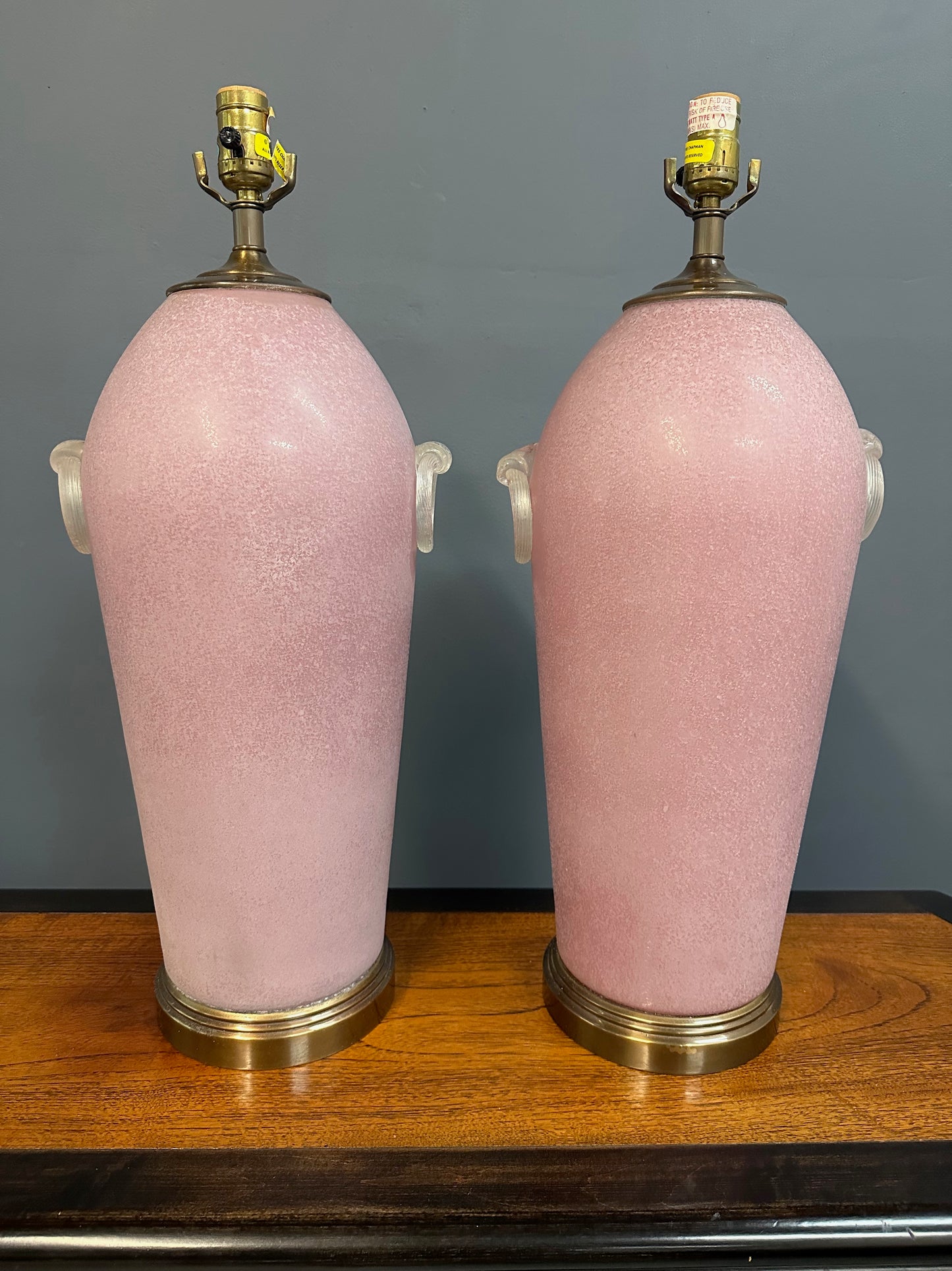 Pair of Hollywood Regency Pink Acid Etched Glass Urn Lamps by Chapman