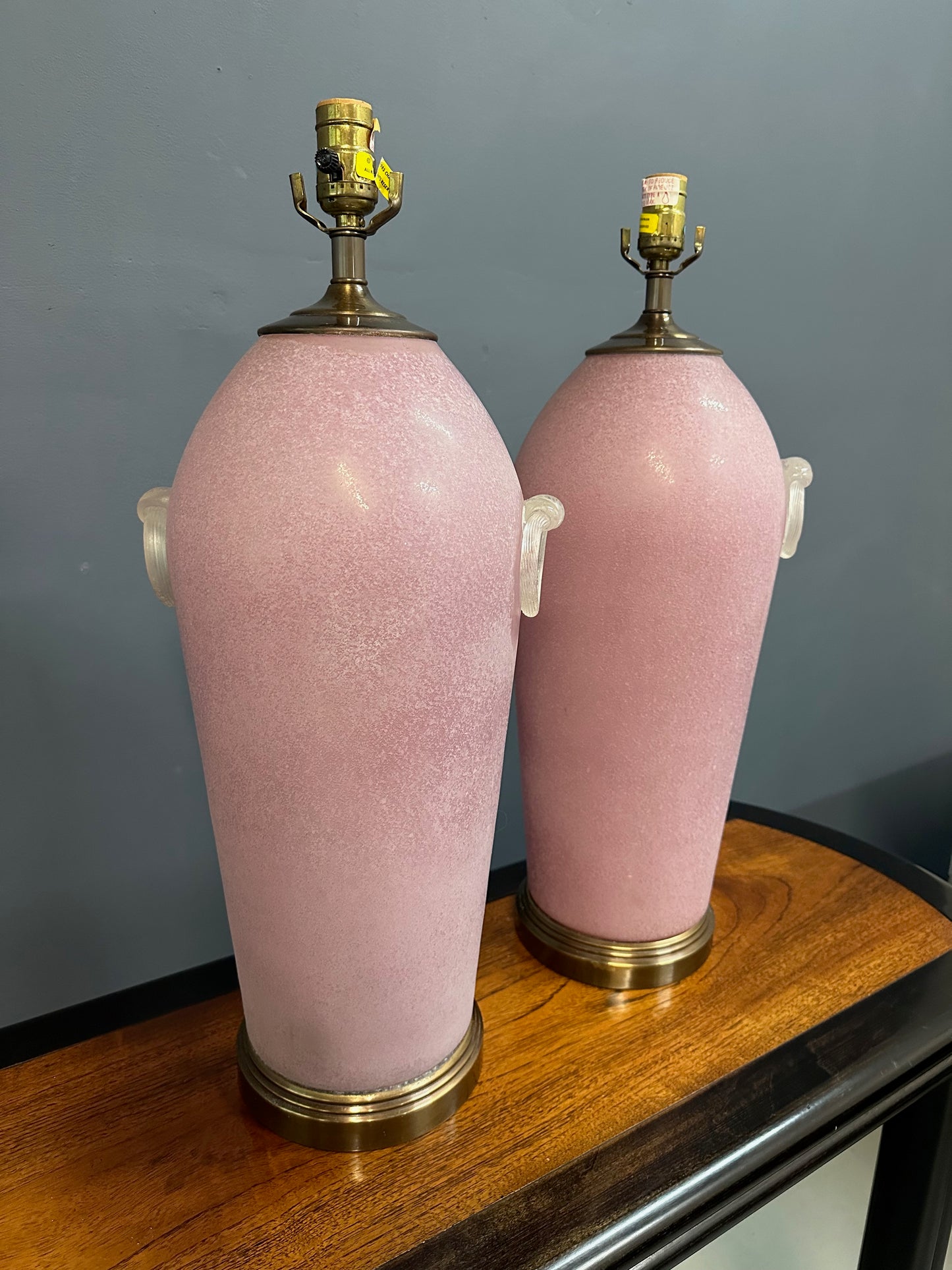Pair of Hollywood Regency Pink Acid Etched Glass Urn Lamps by Chapman