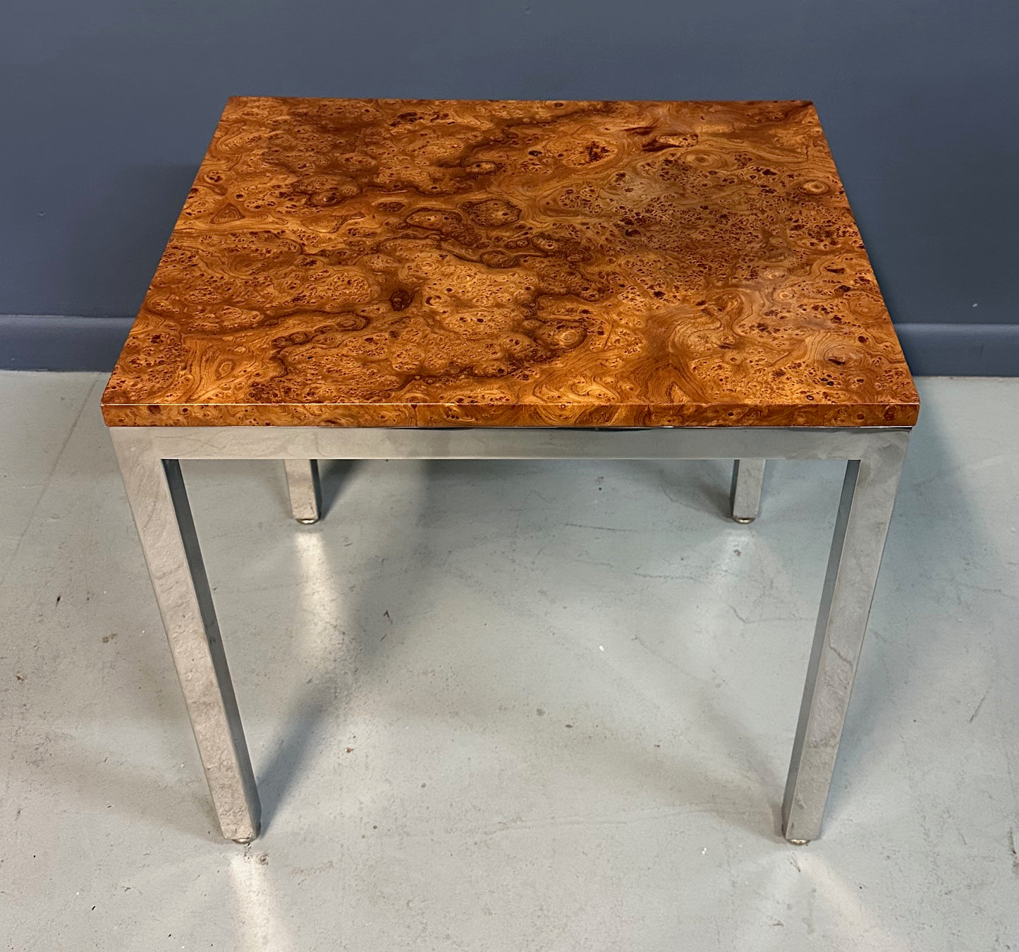 1980s Milo Baughman Chrome and Olivewood Burl Side Table Mid Century
