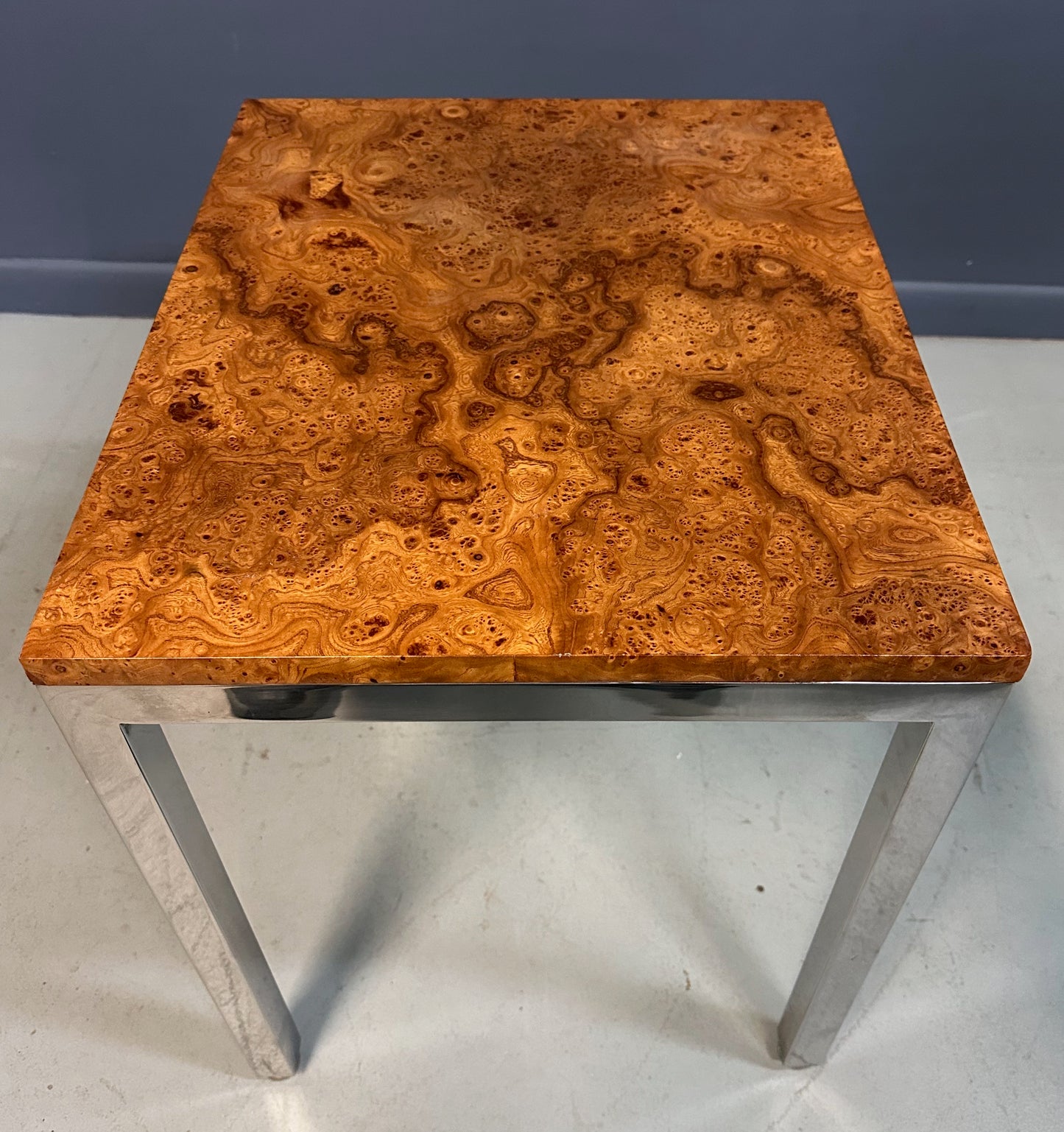 1980s Milo Baughman Chrome and Olivewood Burl Side Table Mid Century