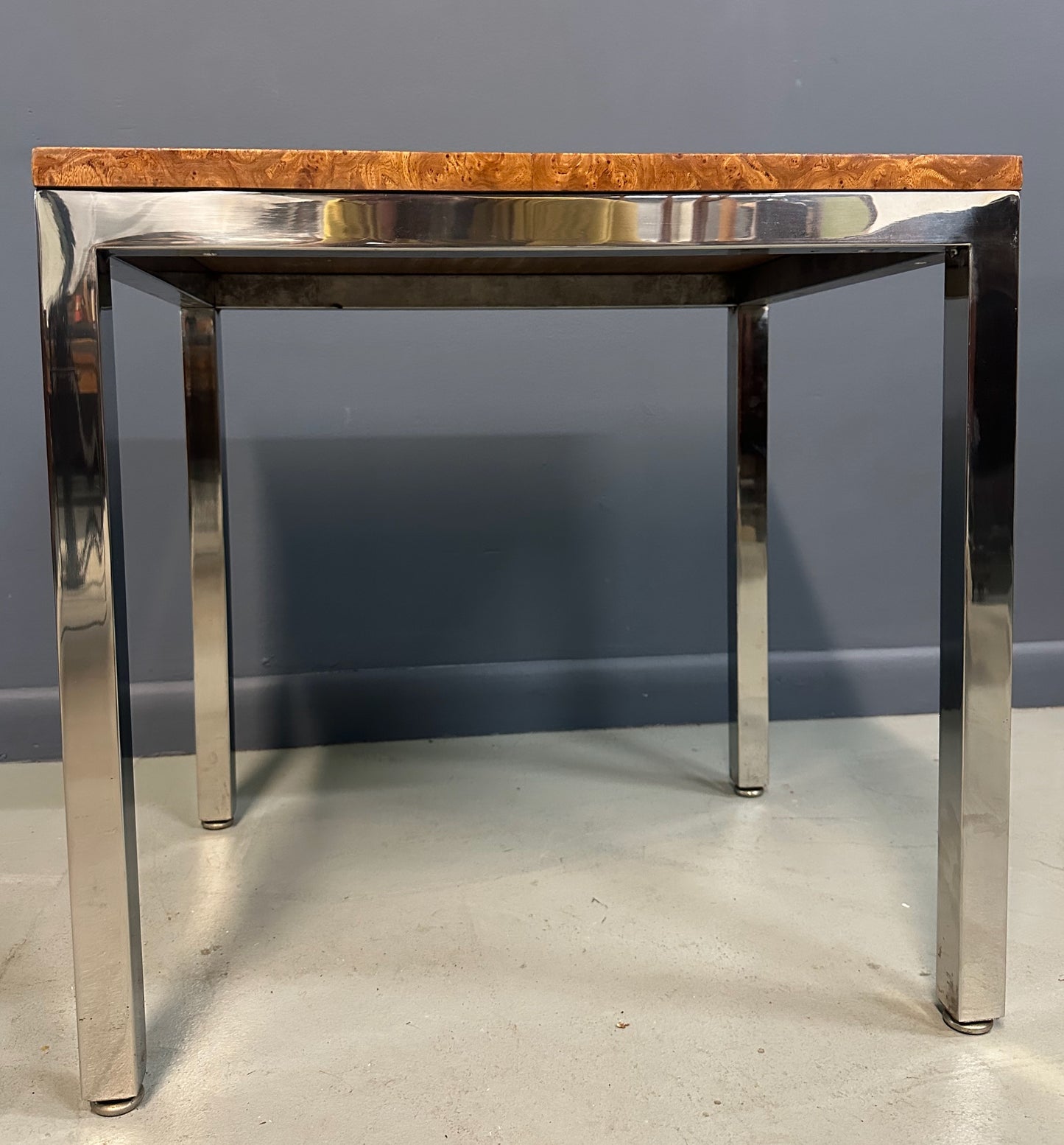 1980s Milo Baughman Chrome and Olivewood Burl Side Table Mid Century