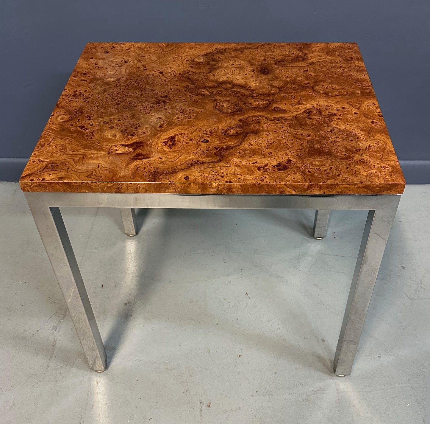 1980s Milo Baughman Chrome and Olivewood Burl Side Table Mid Century