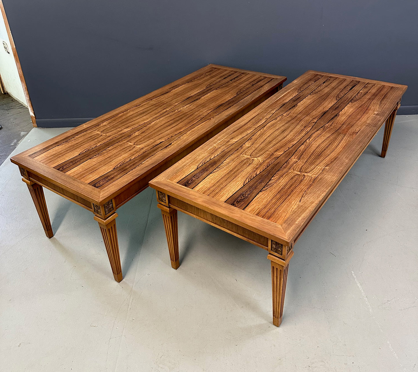 Pair of Mid-Century Neoclassical Style Tables with Rosewood Tops and Fluted Legs