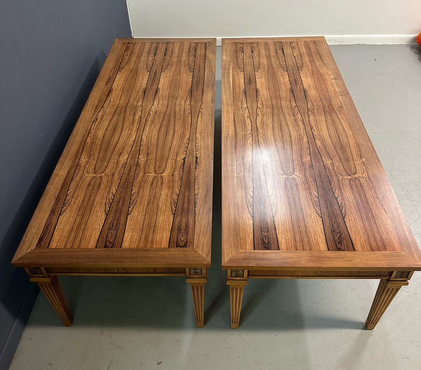 Pair of Mid-Century Neoclassical Style Tables with Rosewood Tops and Fluted Legs