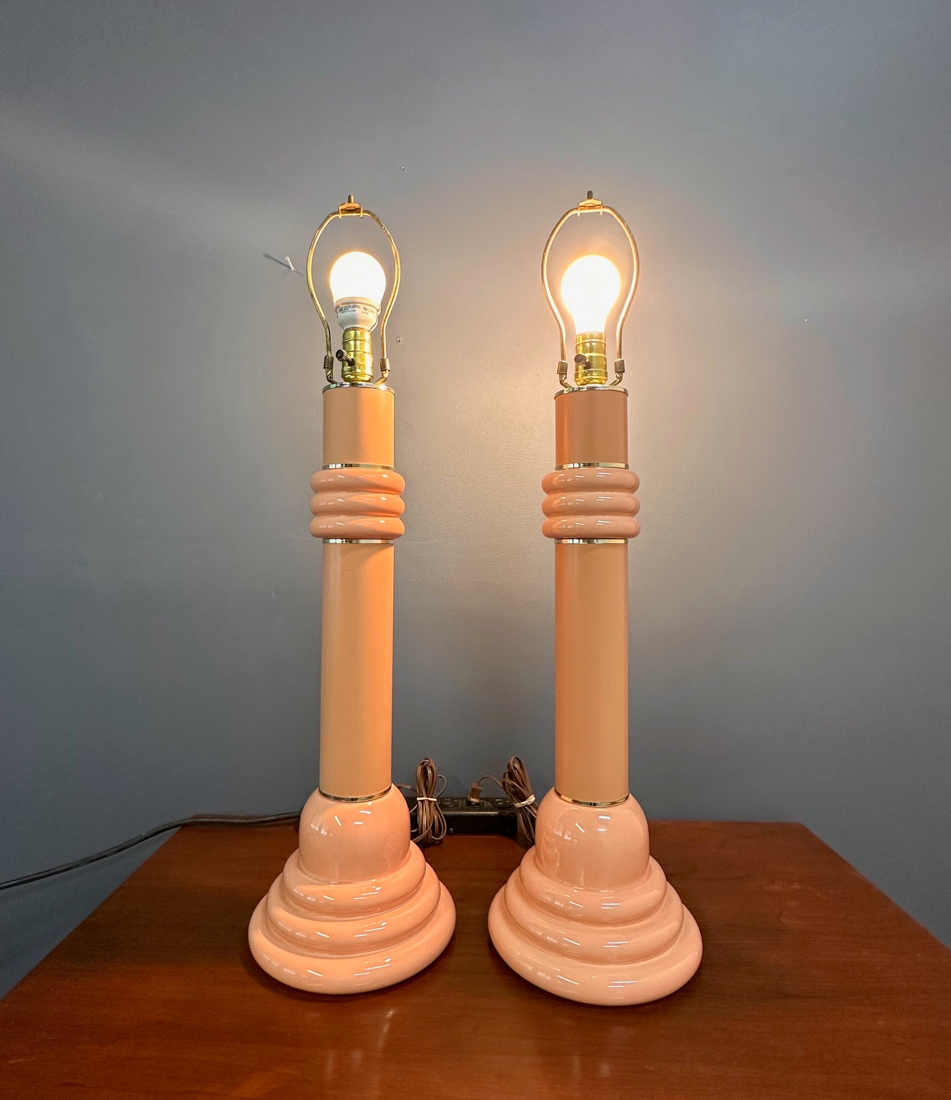 Pair of Post Modern 1980s Peach Ceramic Table Lamps with Brass Trim
