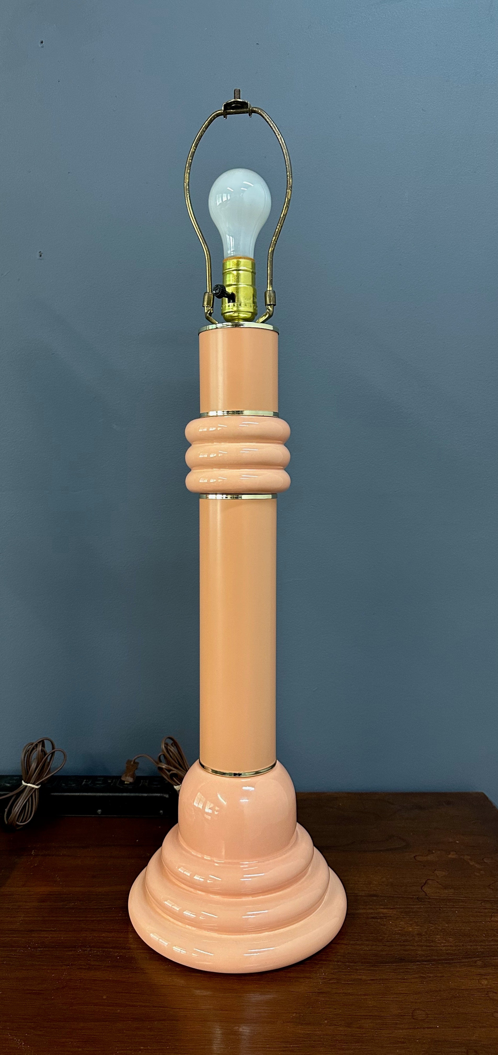 Pair of Post Modern 1980s Peach Ceramic Table Lamps with Brass Trim