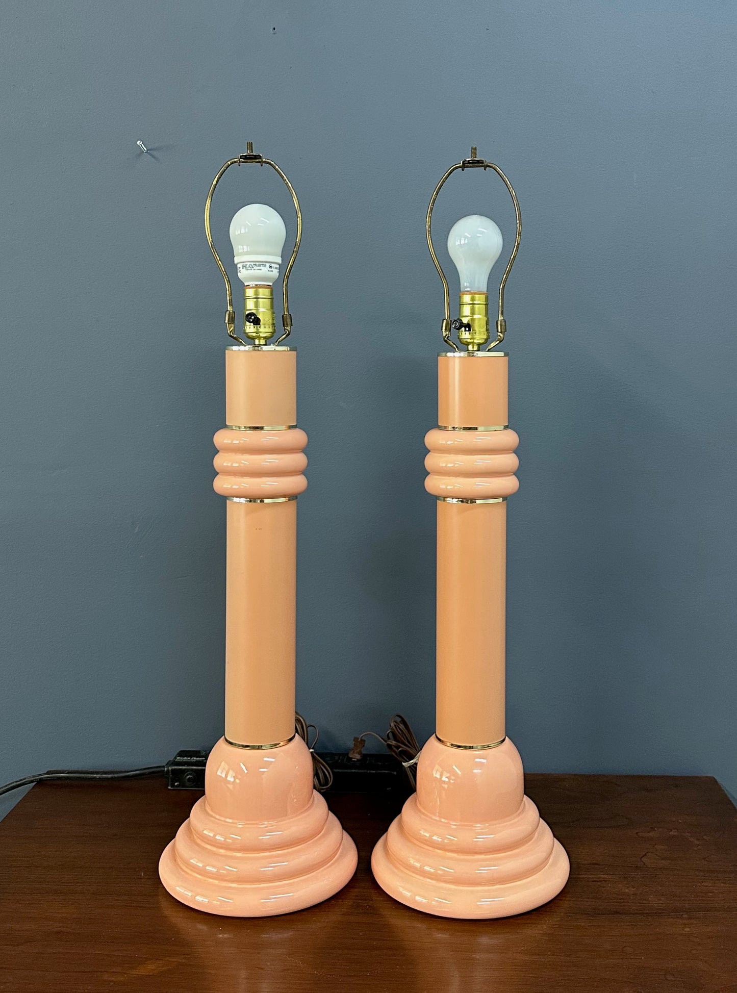 Pair of Post Modern 1980s Peach Ceramic Table Lamps with Brass Trim