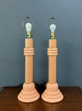 Load image into Gallery viewer, Pair of Post Modern 1980s Peach Ceramic Table Lamps with Brass Trim