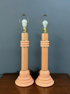 Pair of Post Modern 1980s Peach Ceramic Table Lamps with Brass Trim