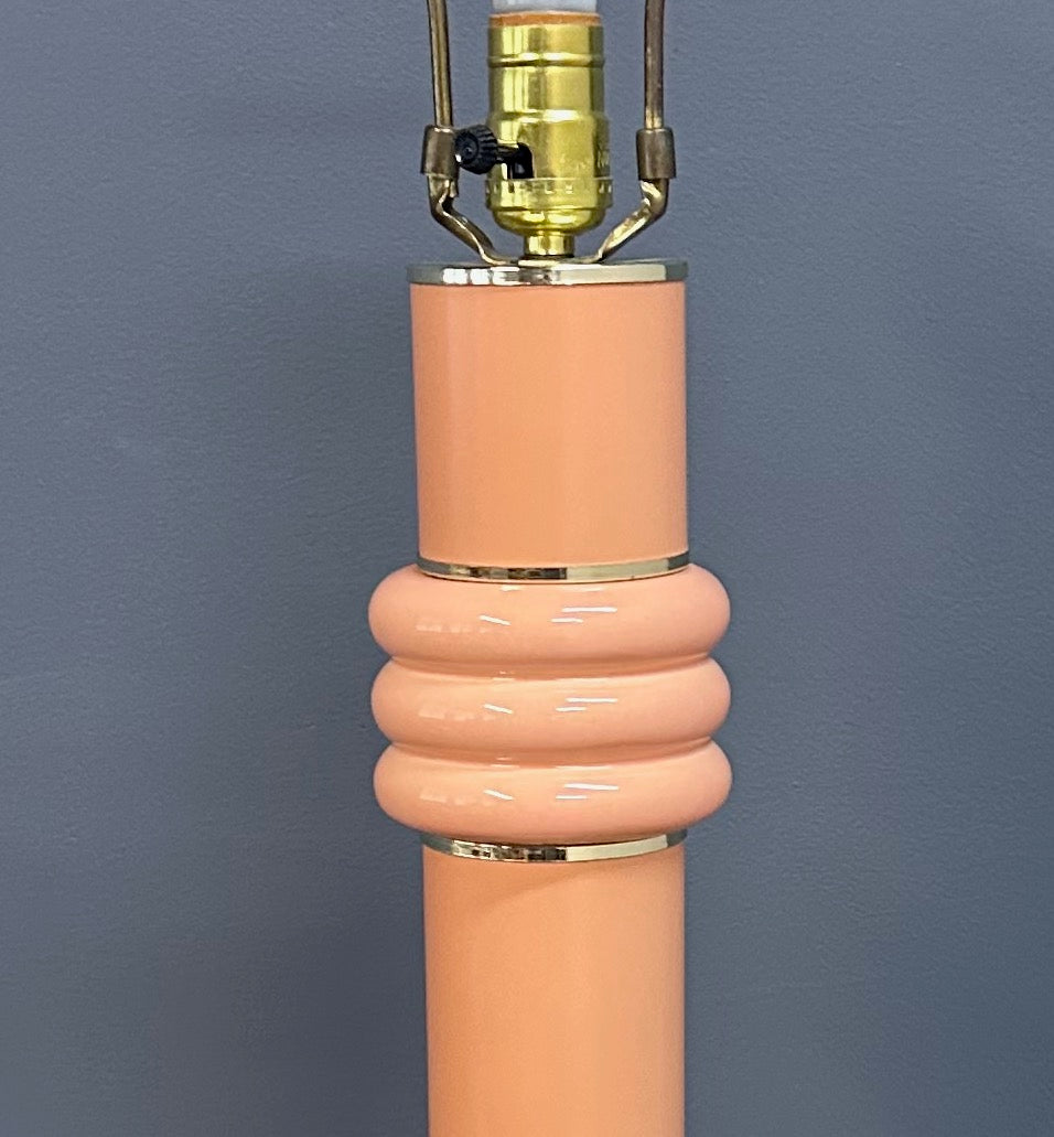 Pair of Post Modern 1980s Peach Ceramic Table Lamps with Brass Trim