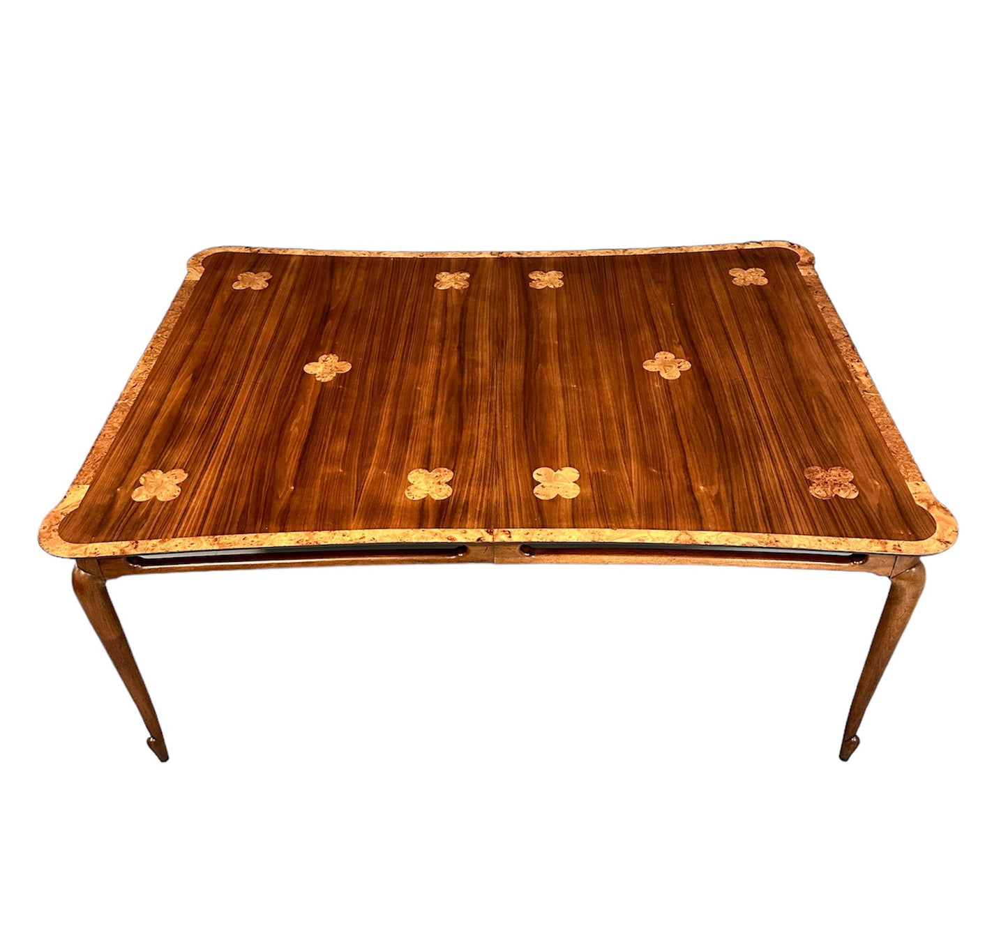 SOLD – 1960s Mastercraft Attributed Walnut Dining Table with Burl Accents and Trim
