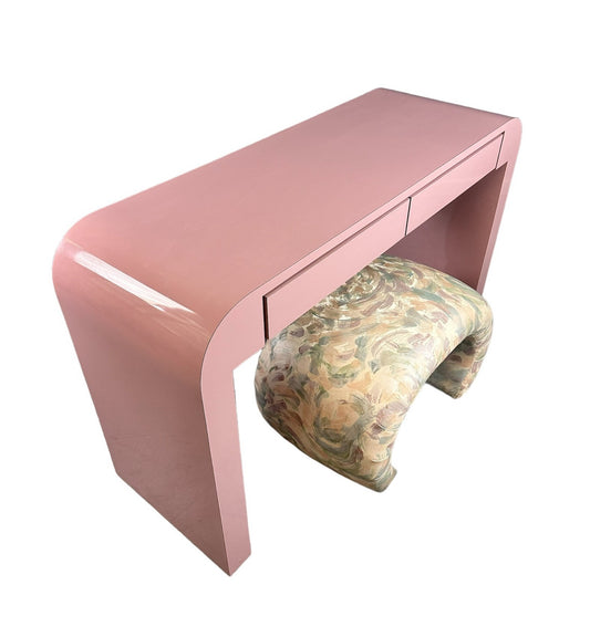 SOLD – 1980s Mauve Waterfall Laminate Desk with Two Drawers and a custom Bench