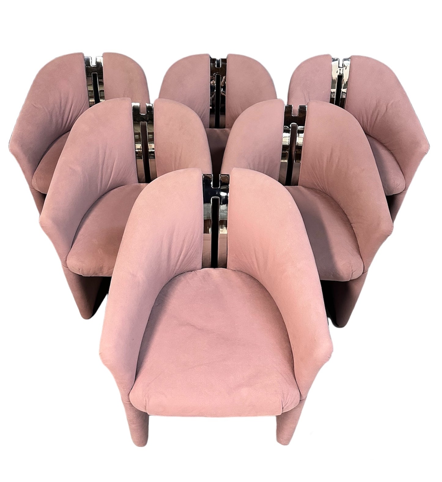 SOLD – Set of Six Post Modern Barrel Back Armchairs with Brass after Pierre Cardin by Carsons