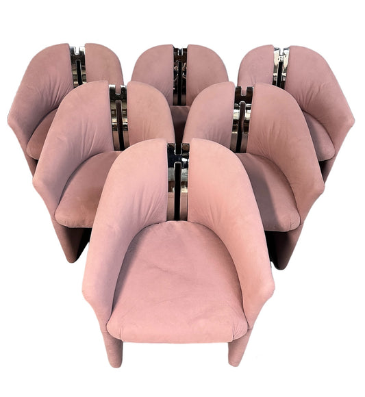 SOLD – Set of Six Post Modern Barrel Back Armchairs with Brass after Pierre Cardin by Carsons
