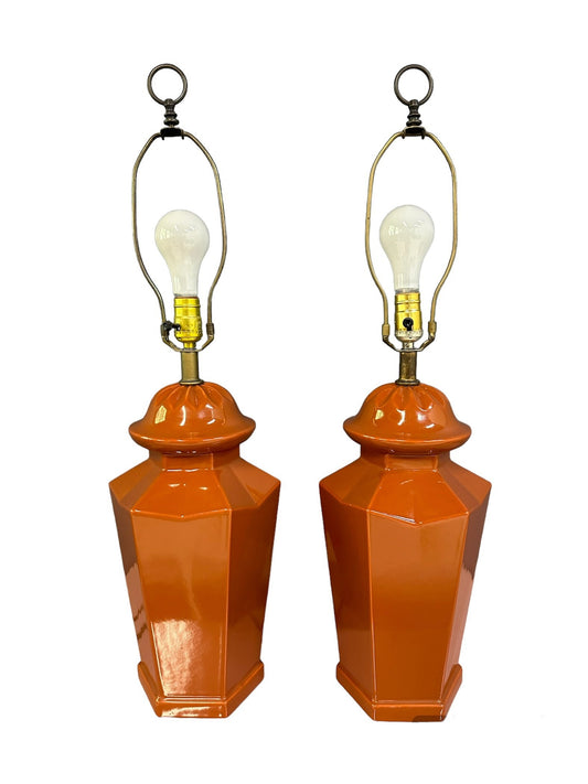 1970s Burnt Umbar Geometric Ceramic Table Lamps Mid Century