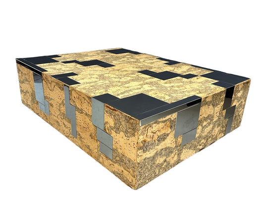 1970s Paul Evans Style Cork and Stainless Steel Coffee Table on Plinth Base