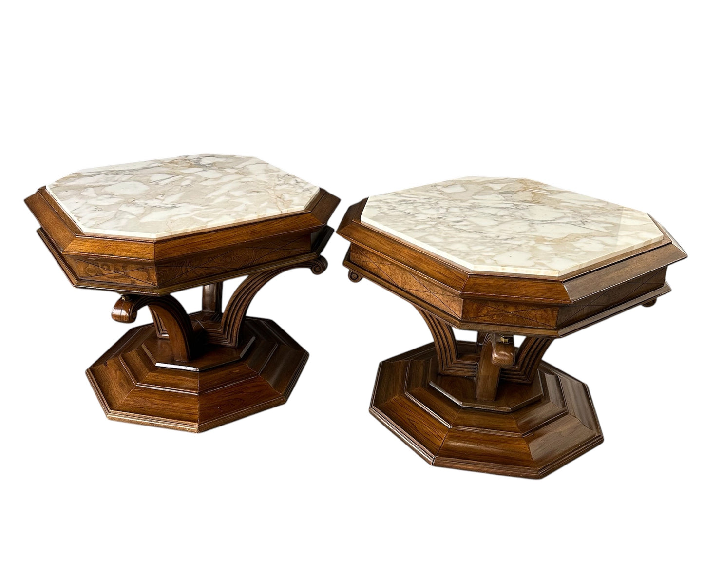 Pair of Hollywood Regency octagonal side tables featuring sculpted wooden bases and creamy Calacatta marble tops with elegant veining.