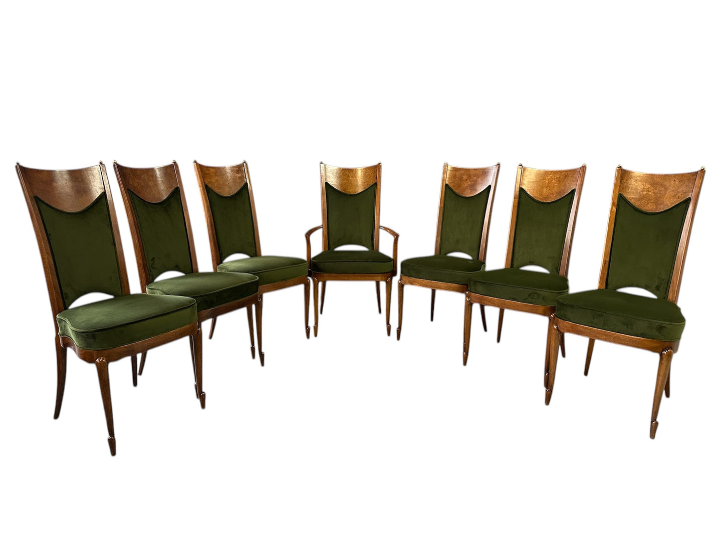 SOLD – Set of Seven Mastercraft Attributed Burl and Velvet Dining Chairs Hollywood Regency