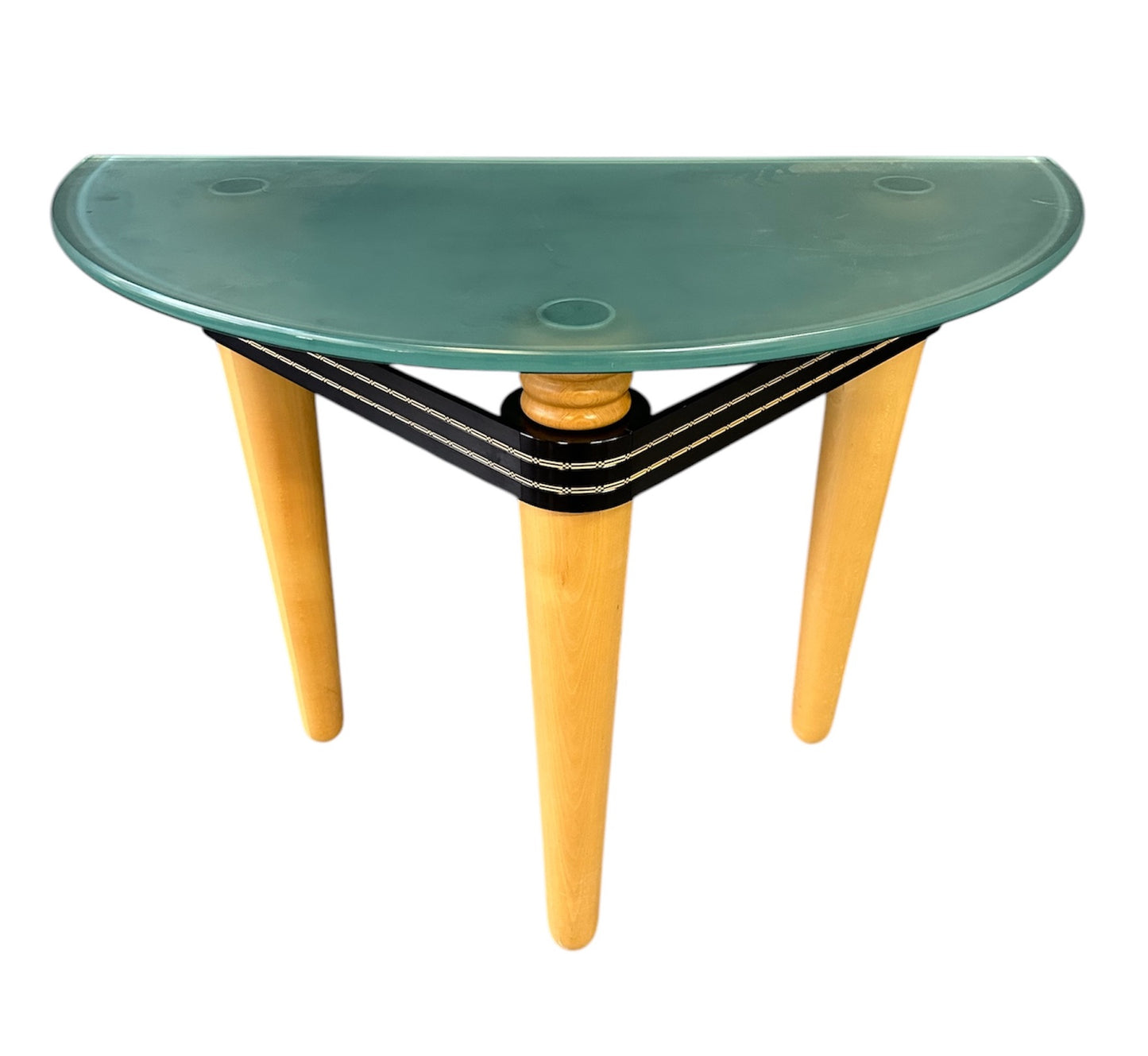 1990 demi-lune hall table designed by Kaiser Newman, featuring a curved green glass top, light beech wood legs, and a black lacquered frame with white inlay detailing