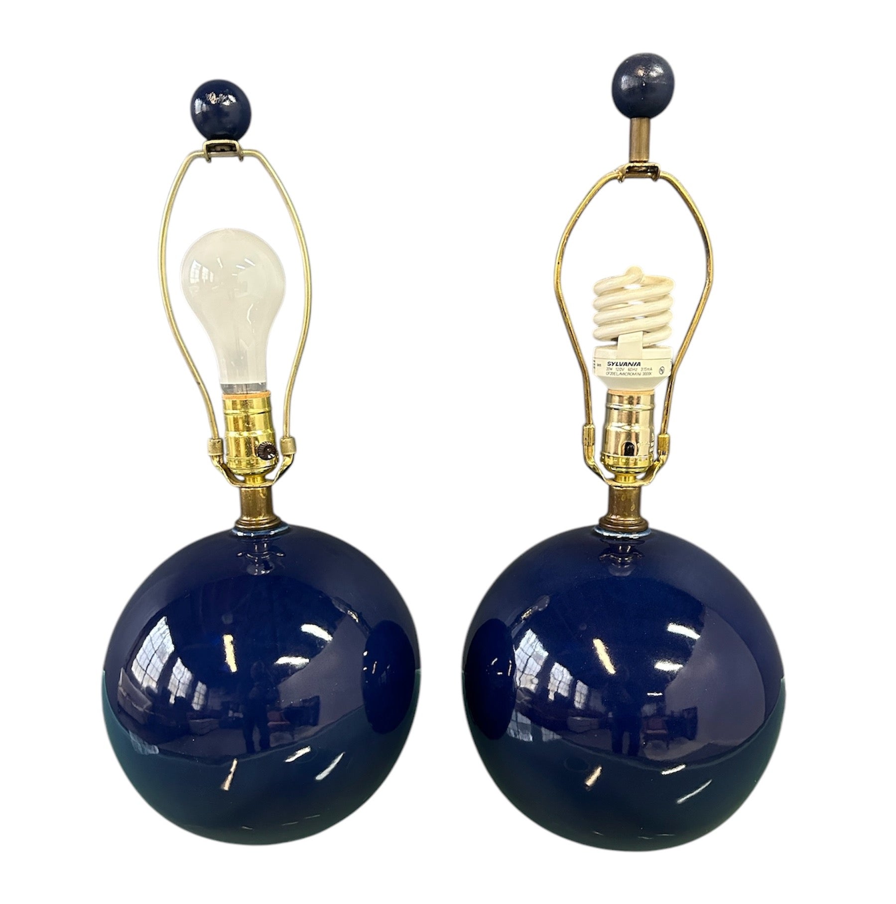 Pair of Mid-Century Mar-Kel Lighting Table Lamps Featuring Deep Blue Spherical Glazed Ceramic Bases with Brass Hardware and Harps