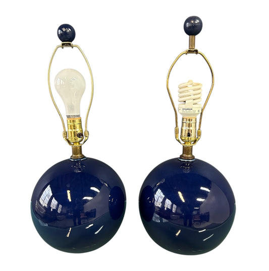 Pair of Mid-Century Mar-Kel Lighting Table Lamps Featuring Deep Blue Spherical Glazed Ceramic Bases with Brass Hardware and Harps