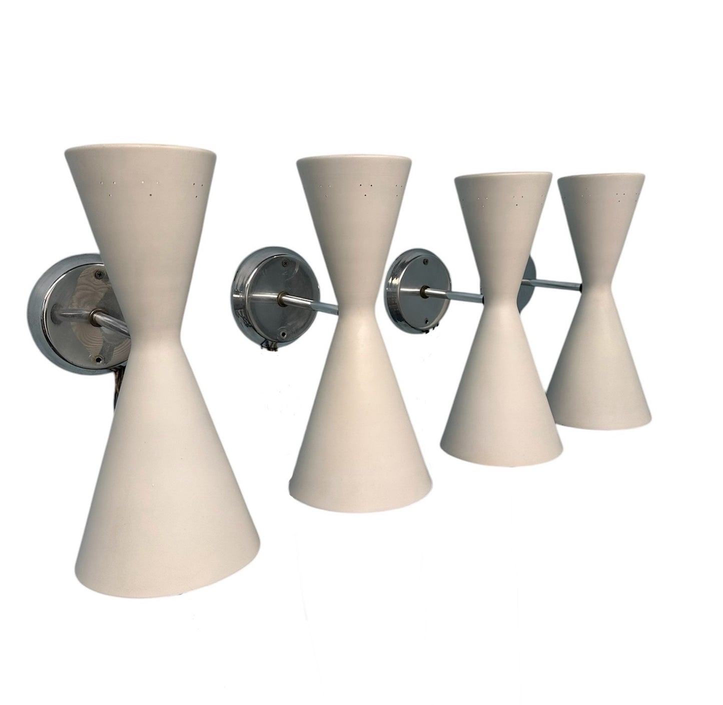 SOLD – Set of Four Litecraft Mid Century Sconces in White and Chrome with Pinhole Design