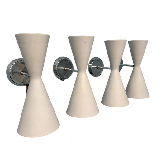 SOLD – Set of Four Litecraft Mid Century Sconces in White and Chrome with Pinhole Design