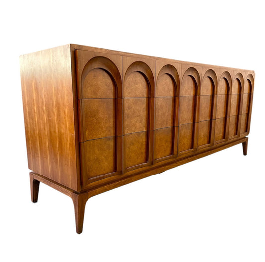 SOLD – Thomasville Sculptural 'Arched' 9 Drawer Dresser Walnut, Olive Burl