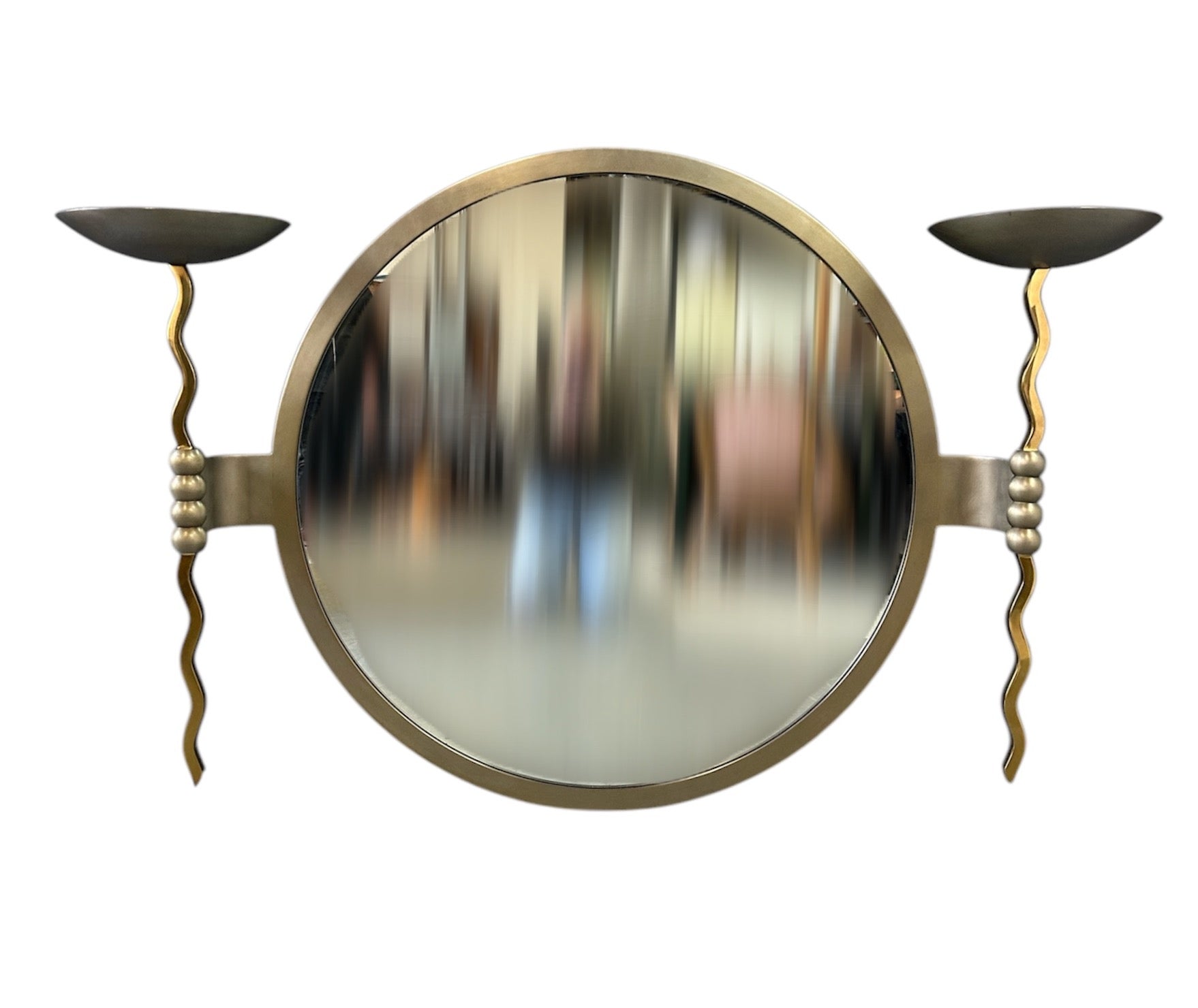 Brueton Large Postmodern 'Fist' Mirror Designed by Stanley Jay Friedman, Featuring Round Mirror with Sculptural Brass Candle Sconces