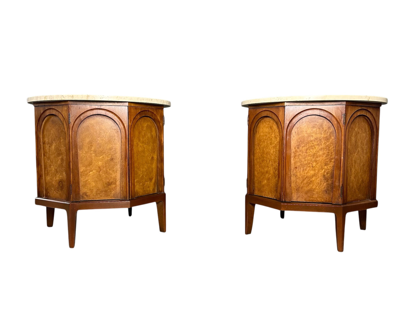 Pair of Thomasville 'Arched' Series End Tables or Nightstands Featuring Travertine Tops, Walnut Frames, and Olive Burl Panels
