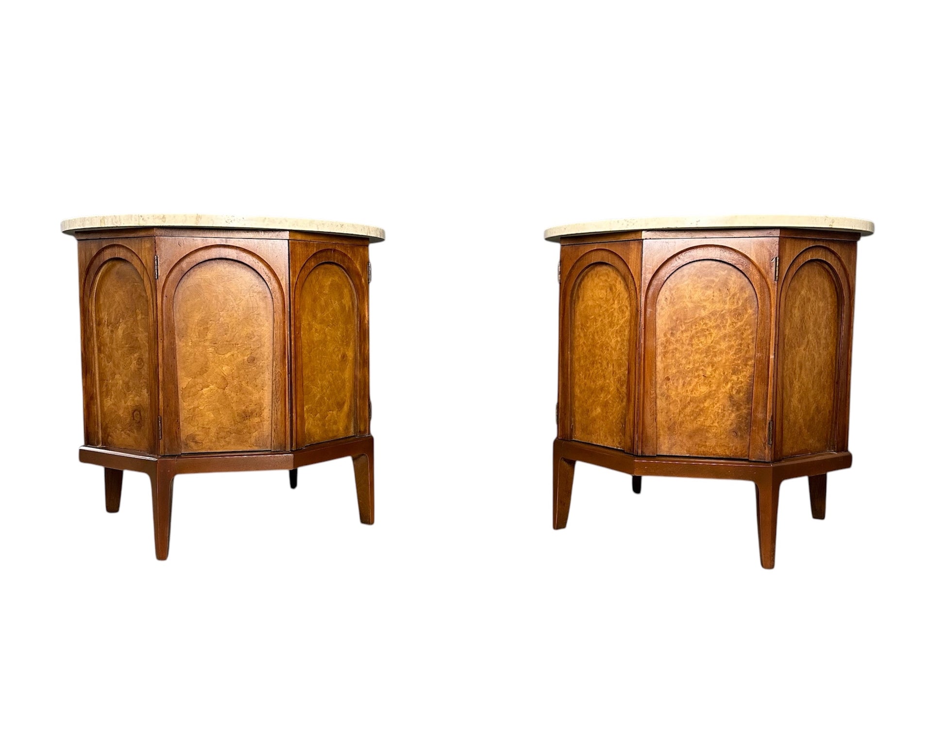 Pair of Thomasville 'Arched' Series End Tables or Nightstands Featuring Travertine Tops, Walnut Frames, and Olive Burl Panels