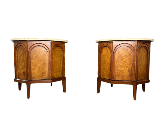 Pair of Thomasville 'Arched' Series End Tables or Nightstands Featuring Travertine Tops, Walnut Frames, and Olive Burl Panels