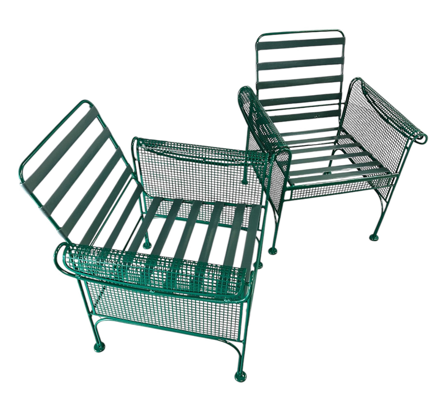Pair of Vintage Green Metal Lounge Chairs by Woodard in the Style of Josef Hoffmann, Featuring Slatted Backs and Mesh Panels